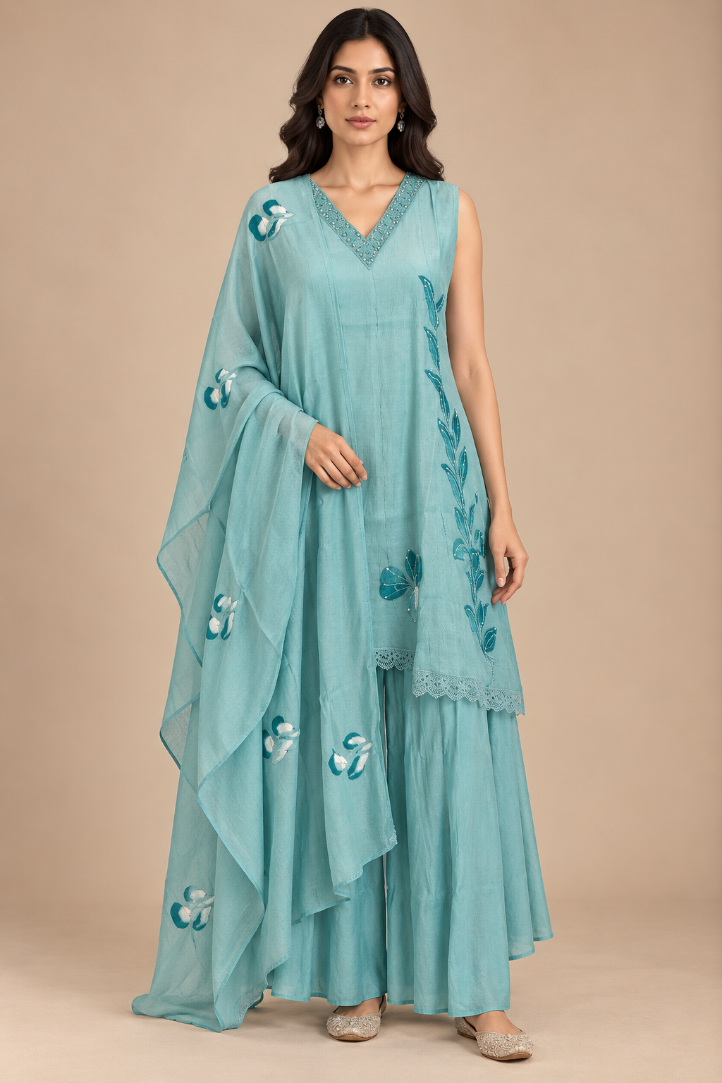 Teal Embroidered Anarkali Suit Set with Dupatta